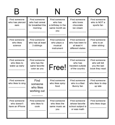 Find a Friend Bingo Card