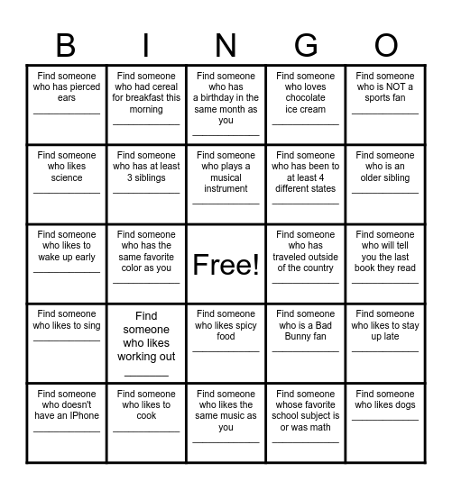 Find a Friend Bingo Card