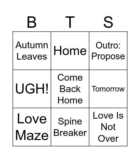 BTS Surprise Song Bingo Card