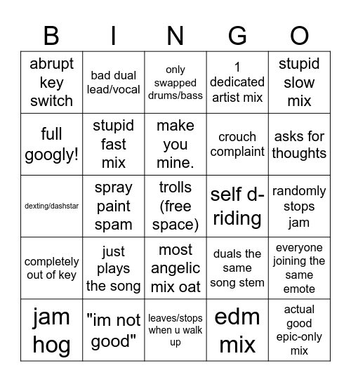 Jam Stage Bingo Card