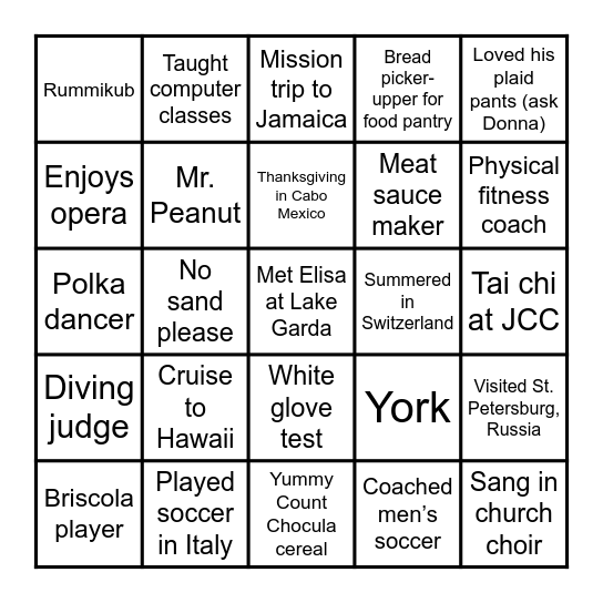 Giorgio's 90th birthday BINGO Card