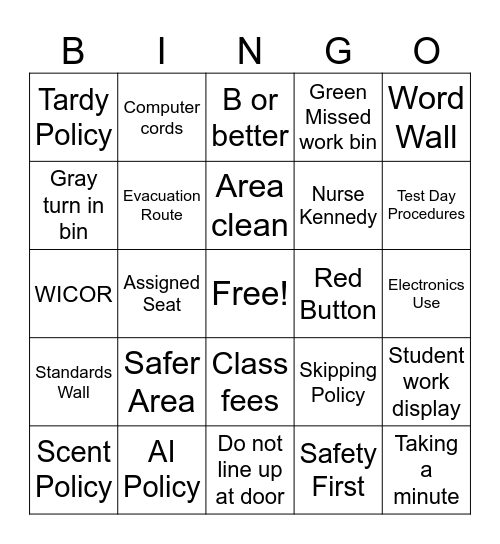Syllabus/Room Bingo Card