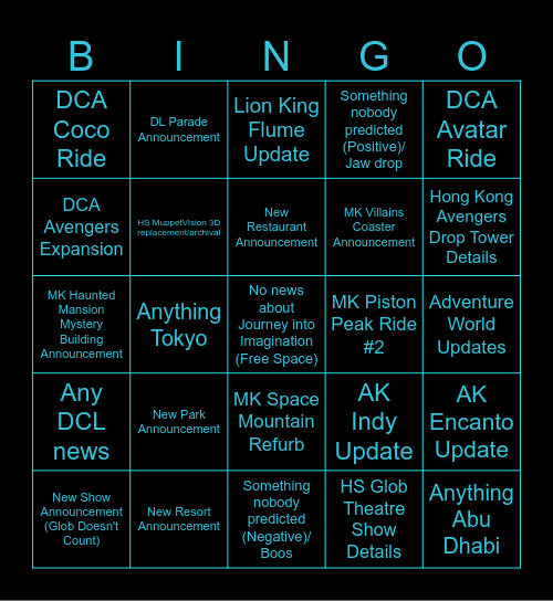 D23 2026 Parks Predictions Bingo Board Bingo Card