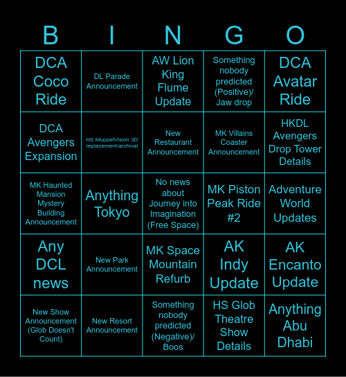 D23 2026 Parks Predictions Bingo Board Bingo Card