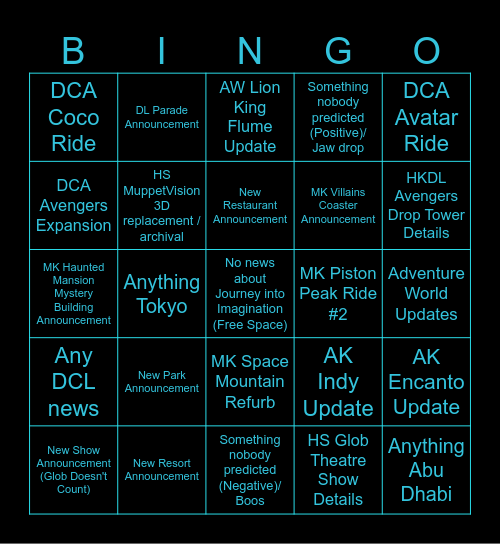 D23 2026 Parks Predictions Bingo Board Bingo Card