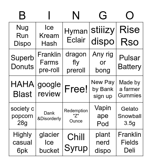 Budtender Bingo Card