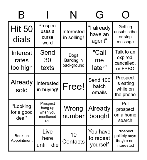 Real Estate Prospecting Bingo Card