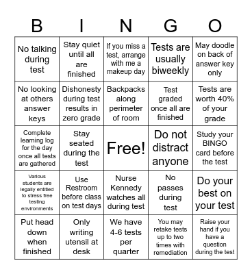 Test Day Bingo Card