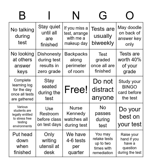 Test Day Bingo Card