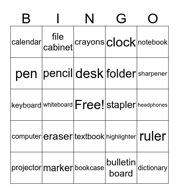 In the classroom Bingo Card