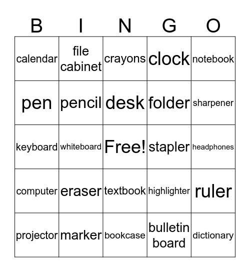 In the classroom Bingo Card