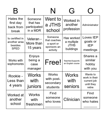 Special Services Department BINGO Card