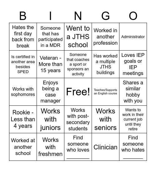 Special Services Department BINGO Card