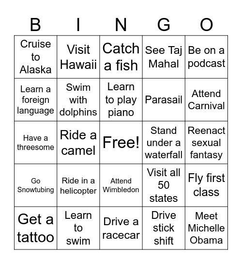 Bucket List Bingo Card
