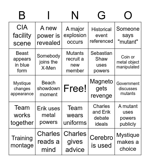 X-men First Class Bingo Card