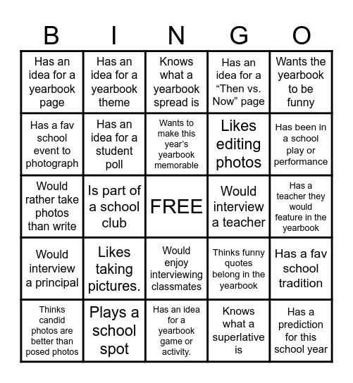 Yearbook Bingo Card