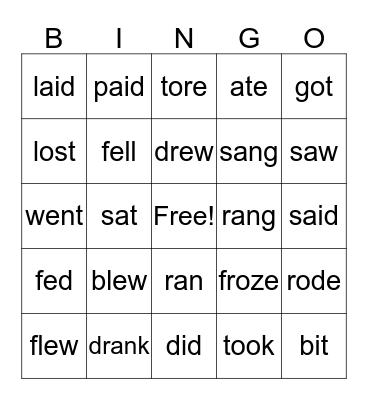 Irregular Verbs Bingo Card