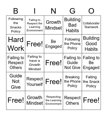 Algebra 1 - Expectations Bingo Card
