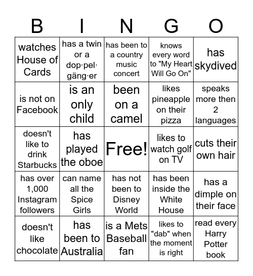 Meet Your Fellow New Hires! Bingo Card