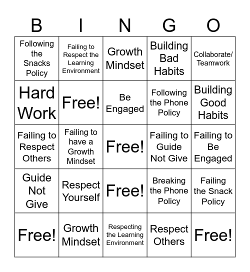 Algebra 1 - Expectations Bingo Card
