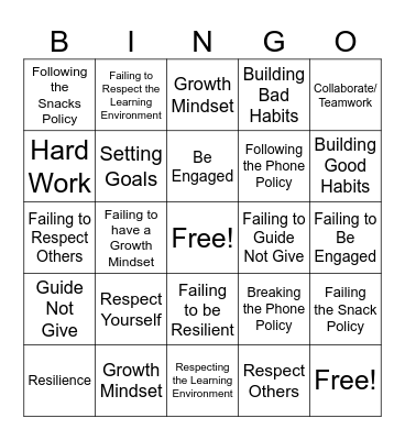 Algebra 1 - Expectations Bingo Card