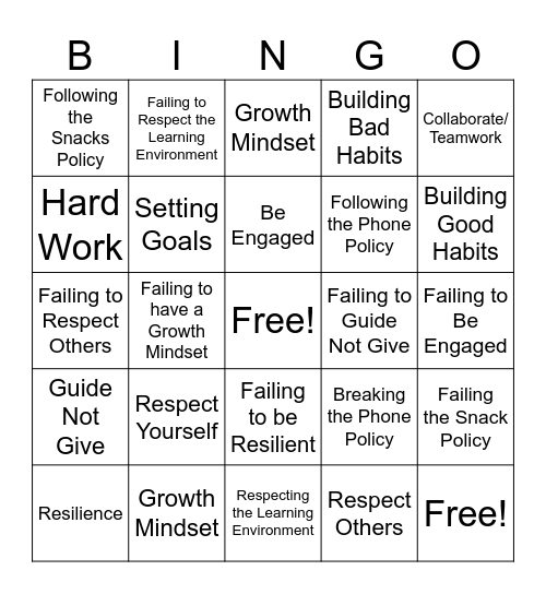 Algebra 1 - Expectations Bingo Card