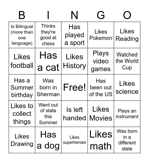 First Day of School Bingo Card
