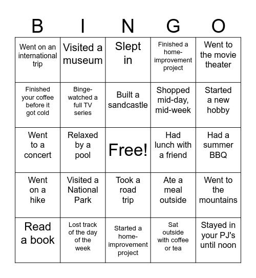 Summer Break Bingo! Bingo Card