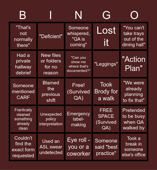 SSTC QA Bingo Card