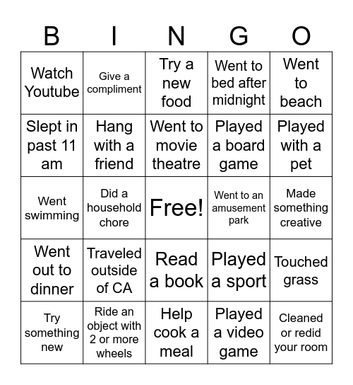 Summer Break Bingo Card