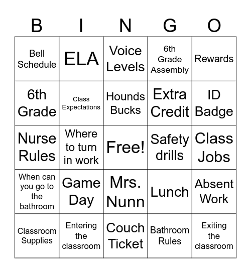 Routines and Procedures Bingo Card