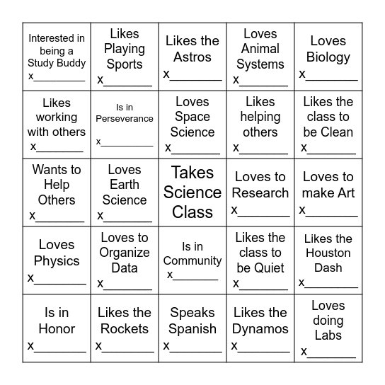 Friendship Bingo Card