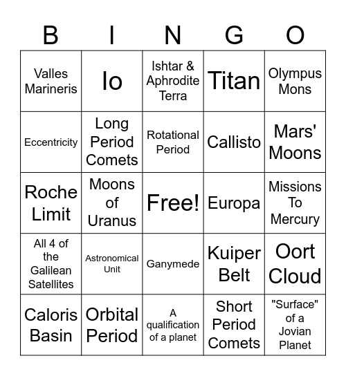 Planetary Bingo Card