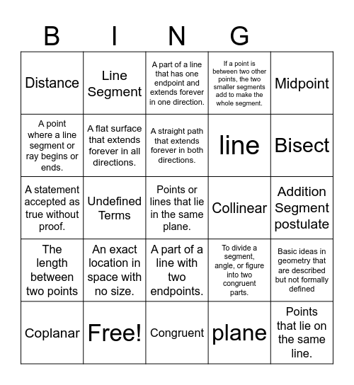 Geometry in the Plane Bingo Card