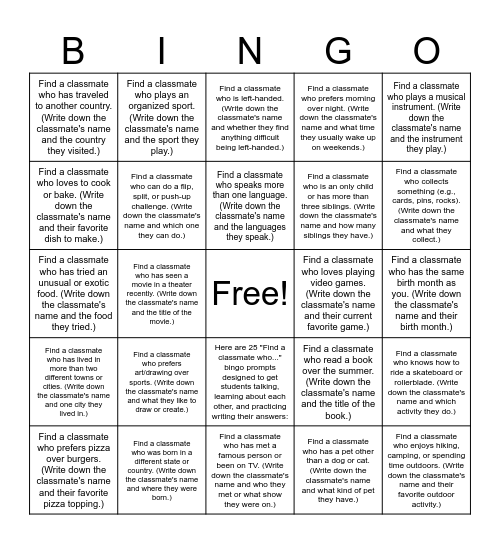 Classmate Bingo Card