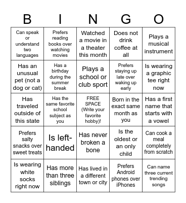 Getting to Know You Bingo Card
