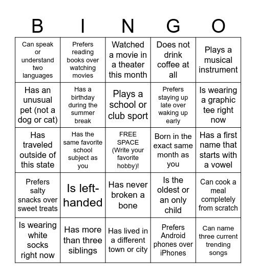 Getting to Know You Bingo Card