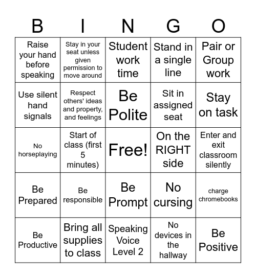 School-wide and Classroom Expectations BINGO Card