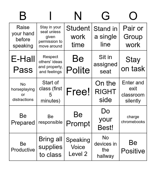 School-wide and Classroom Expectations BINGO Card