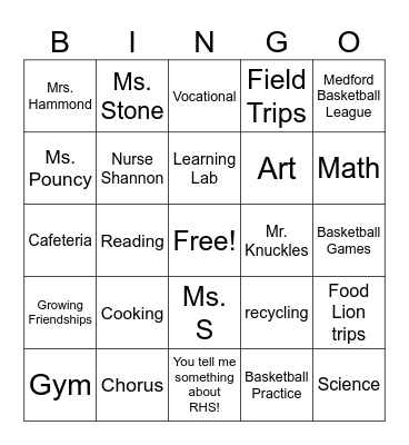 RHS Bingo - Pouncy's Class Bingo Card
