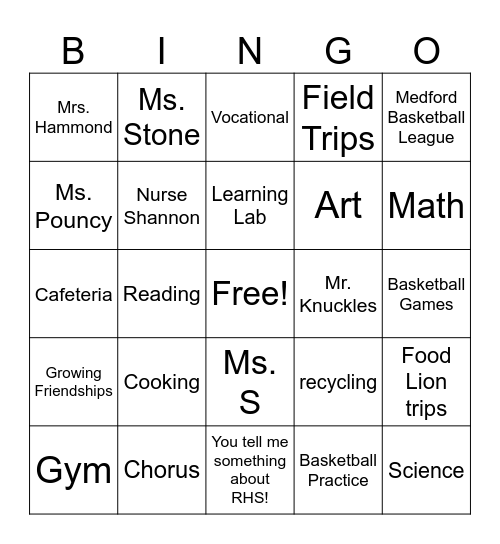 RHS Bingo - Pouncy's Class Bingo Card