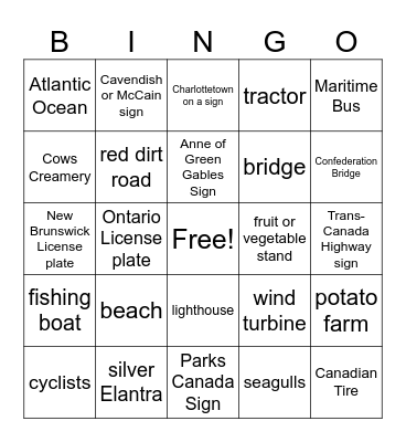 PEI Road Trip Bingo Card