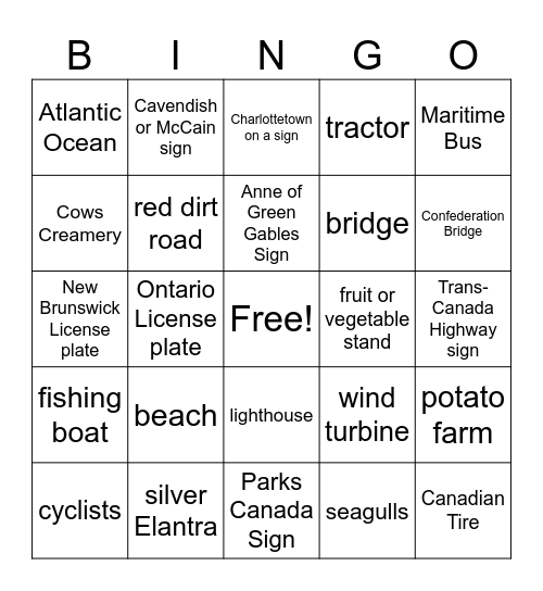 PEI Road Trip Bingo Card