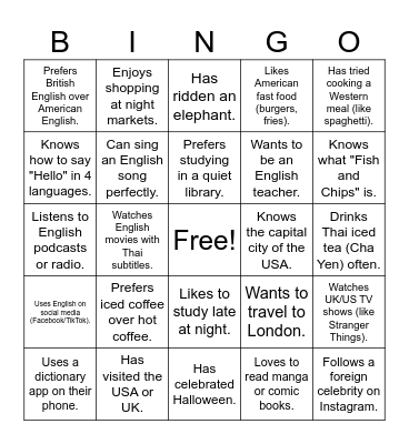 Mingle Bingo Library English Bingo Card