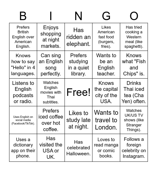 Mingle Bingo Library English Bingo Card