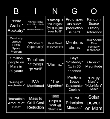 Elon Talk Bingo Card