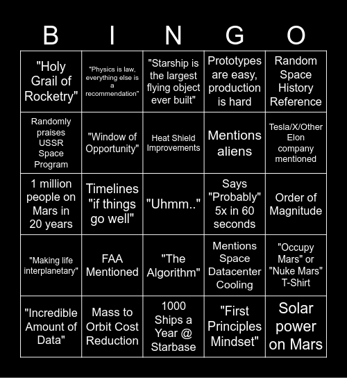Elon Talk Bingo Card