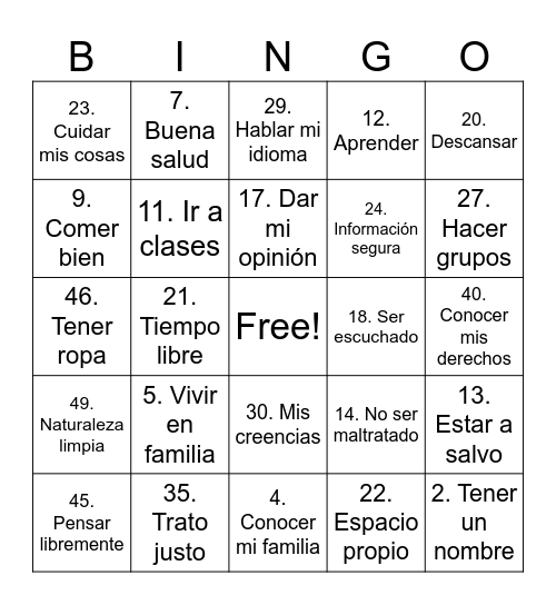 Grandioso Bingo de los Derechos!! Bingo Card