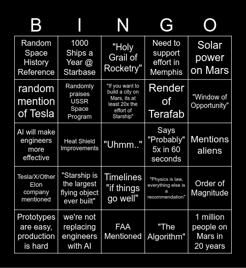 Elon Talk Bingo Card