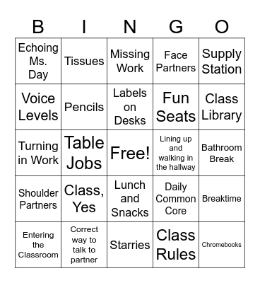 Back To School Bingo Card